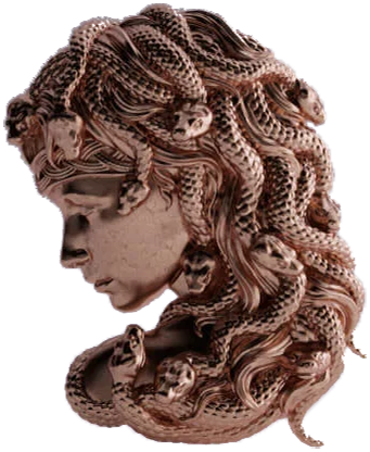 Estatuá de perfil da cabeça de Medusa, levemente inclinada para baixo e na cor rosa.